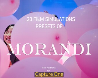Puede incluir: Imagen con globos rosas y el texto "23 Film Simulations Presets of MORANDI." Debajo, se lee "Film Aesthetic for Capture One." Una persona es parcialmente visible detrás de los globos. El fondo tiene tonos azules y blancos.