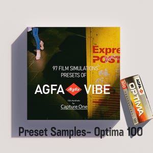 Puede incluir: Imagen promocional de un paquete de ajustes preestablecidos de estética cinematográfica para Capture One. El diseño incluye el texto "AGFA VIBE" y "97 Film Simulations Presets of". También hay un rollo de película etiquetado "AGFA OPTIMA 100 PROFESSIONAL 120".
