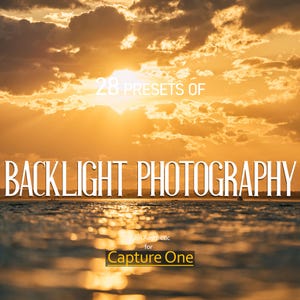 May include: An image with a golden sunset over water. The text reads "28 Presets of Backlight Photography" and "Film Aesthetic for Capture One". The sky is filled with clouds, and the sun is shining brightly.