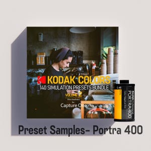 Può includere: Immagine con un'estetica cinematografica. L'immagine include una persona in un bar, una grafica del pacchetto Kodak Colors e un rotolo di pellicola Kodak Portra 400. Il testo sul rotolo di pellicola recita "Color Negative Film" e "Kodak Professional PORTRA 400".