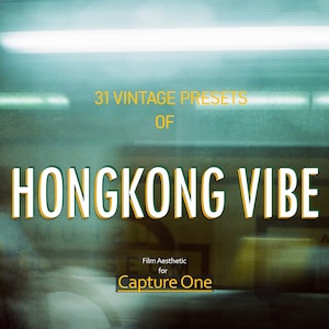 May include: An image advertising "31 Vintage Presets of Hongkong Vibe" for Capture One. The text is white with a green and yellow outline, set against a blurred teal and green background, evoking a film aesthetic.
