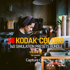 May include: A person in a black top and beanie in a cafe setting. The image displays the text "KODAK COLORS", "140 SIMULATION PRESETS BUNDLE", and "VOLUME 2 Film Aesthetic for Capture One". The scene has a vintage aesthetic.