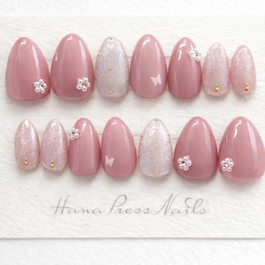 Pink Pearl Flower Press On Nails, Butterfly Glitter Nail Tips, Cute Short Almond Fake Nails, Handmade Gel Nails