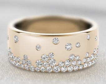 Wide Scatter Band, Flush Set Cigar Band, Round Moissanite Diamond Wedding Band, Engagement Band For Bride, Anniversary Gift, 14K Gold Band