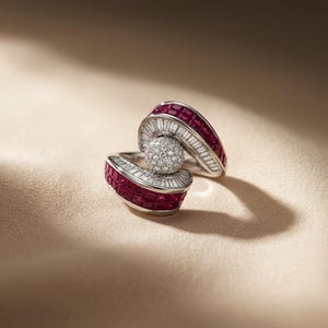 May include: A silver-toned ring featuring a central spherical cluster of small white stones, flanked by two curved sections inlaid with square-cut deep red stones and bordered by rows of small, rectangular white baguette-cut stones.