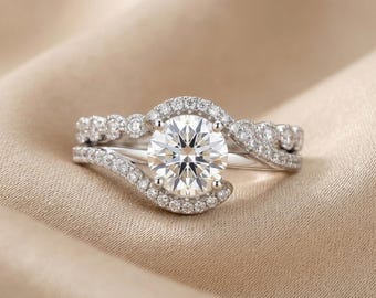Set di 2 anelli classici da donna, set di anelli con moissanite e diamanti taglio rotondo bypass, set di anelli da sposa, set di anelli di fidanzamento e anniversario
