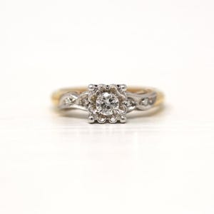 1940&#39;s Antique  Art Deco Engagement Ring, Round Moissanite Diamond Vintage Style Ring, Two Tone Gold Wedding Ring, Floral Inspire Retro Ring