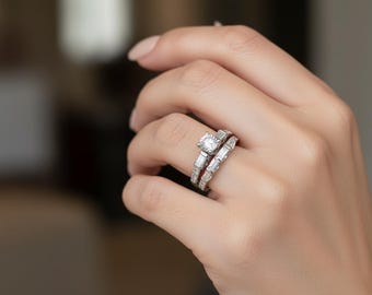 Two Piece Women's Ring Set, Round & Baguette Cut CZ Stone Wedding Bridal Ring Set, Half Eternity Stackable Band For Her, Engagement Ring Set