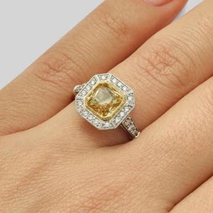 Milgrain Halo Wedding Bridal Ring, Yellow Asscher Cut CZ Stone Ring, Two Tone Gold Engagement Ring, Gemstone Ring For Her, Valentine&#39;s Gift
