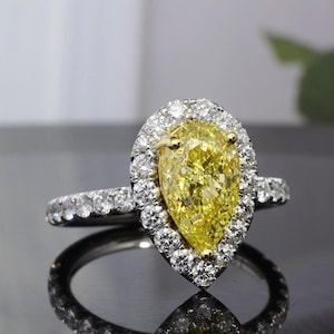 Canary Yellow Pear & Round Cut CZ Stone Ring, Halo Teardrop Shape Ring, Two Tone Gold Engagement Ring, Gemstone Wedding Ring, Birthday Gift