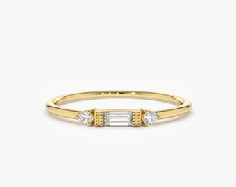 Tiny Horizontal Baguette With Round Cut Moissanite Diamond Ring, Three Stone Minimalist Ring, Dainty Ring For Her, Daily Wear Ring For Gift