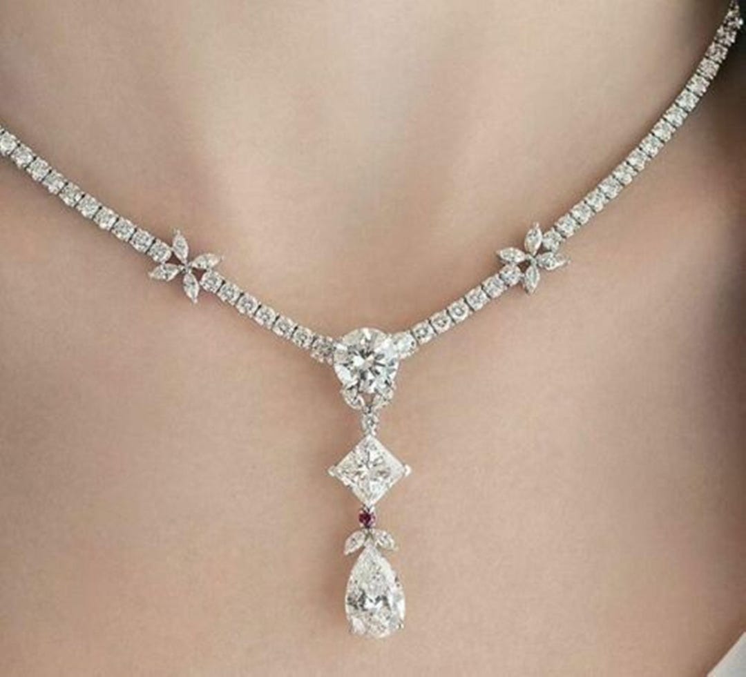Multi Shape CZ Stone Drop Necklace, Women's Wedding Engagement