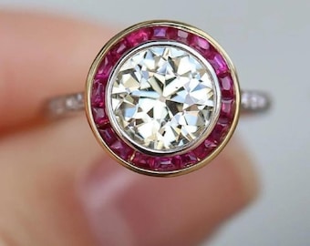 Anello Art Déco con rubino, fede nuziale con zirconi taglio Old European e taglio baguette, anello di fidanzamento con pavé di diamanti in oro bicolore, regalo per la festa della mamma.