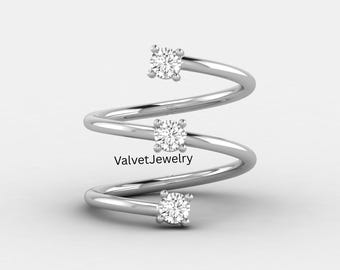 Three Stone Spiral Ring, Finger Wrap Engagement Ring, Round Cut Moissanite Diamond Unique Ring, Spiral Wedding Ring, Propose Ring For Her