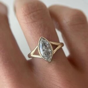 Bezel Set Solitaire Ring, 12x6 MM Marquise Cut Moissanite Diamond Engagement Ring, 14K Yellow Gold Wedding Ring, Women&#39;s Split Shank Ring