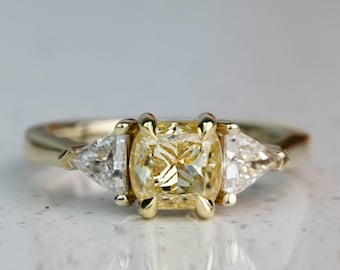 Canary Yellow Cushion & Triangle Cut CZ Stone Ring, Three Stone Engagement Ring, Classic Wedding Bridal Ring For Woman, 14K Yellow Gold Ring