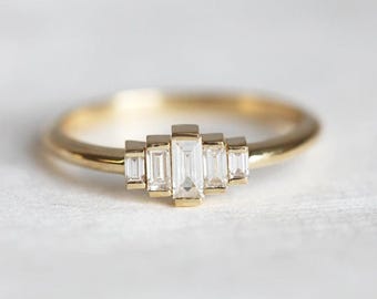 Half-Bezel Set Dainty Baguette Cut Moissanite Diamond Ring, Minimalist Five Stone Ring, Delicate Daily Wear Ring, Engagement Proposal Ring