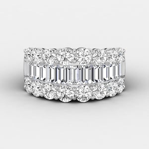 Baguette With Round Cut Moissanite Diamond Wedding Ring, Women&#39;s Engagement Ring, Silver Or Gold Unique Ring, Anniversary Gift For Wife