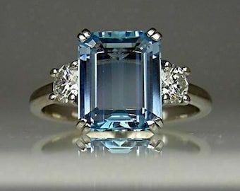 Three Stone Engagement Ring For Women, Aquablue Emerald & Round Cut CZ Stone Wedding Ring, Anniversary Gift For Wife, Trilogy 14K Gold Ring