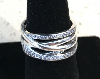 Multi Layer Crossover Ring, Criss Cross Engagement Ring, Round Moissanite Diamond Wedding Ring, Women's White Gold Ring, Anniversary Gift