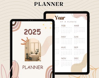 May include: A digital planner for the year 2025 with a minimalist design. The cover features a window with plants and a brown, pink, and white color scheme. The inside page shows a calendar view for the entire year.