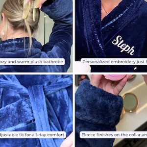 May include: A navy blue plush bathrobe with fleece finishes on the collar and cuffs. The robe has an adjustable fit and features the embroidered name "Steph". The image includes the text "Cozy and warm plush bathrobe".