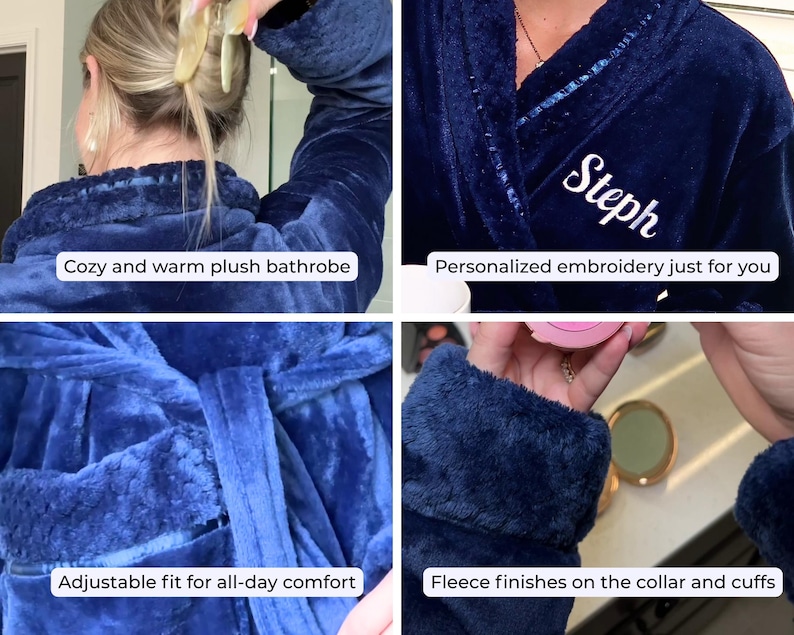 May include: A navy blue plush bathrobe with fleece finishes on the collar and cuffs. The robe has an adjustable fit and features the embroidered name "Steph". The image includes the text "Cozy and warm plush bathrobe".