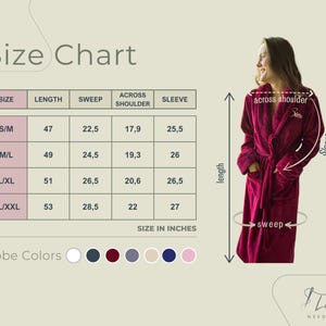 May include: A size chart for a plush burgundy robe, with measurements in inches. The chart includes sizes S/M, M/L, L/XL, and XL/XXL, with corresponding length, sweep, across shoulder, and sleeve measurements. The image also shows a woman wearing the robe.