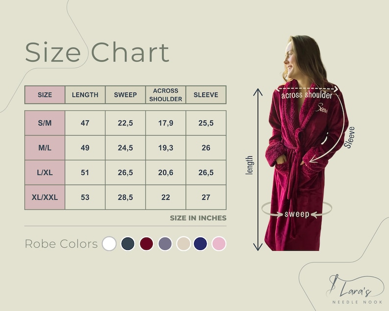 May include: A size chart for a plush burgundy robe, with measurements in inches. The chart includes sizes S/M, M/L, L/XL, and XL/XXL, with corresponding length, sweep, across shoulder, and sleeve measurements. The image also shows a woman wearing the robe.