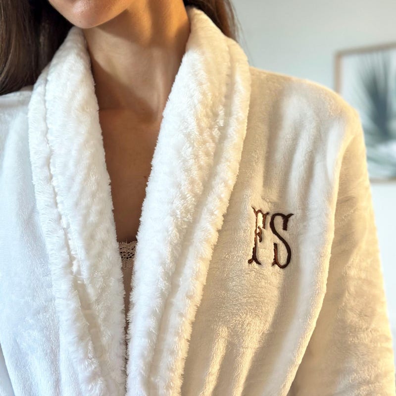 Personalized White Embroidered Plush Bathrobe, Custom Monogrammed Womens Robe