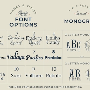 May include: A beige graphic with font options and monogram styles. The text includes "Names & Titles," "Font Options," and "Monogram." Font examples are displayed, including "Great Vibes," "Dancing Spirit," and "Mystery Quest."