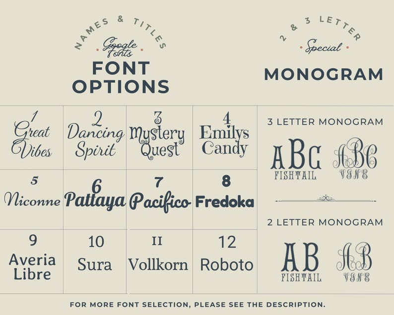 May include: A beige graphic with font options and monogram styles. The text includes "Names & Titles," "Font Options," and "Monogram." Font examples are displayed, including "Great Vibes," "Dancing Spirit," and "Mystery Quest."