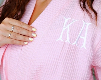 Monogrammed Pink Waffle Robe, Long Bridal Getting Ready Robe for Women