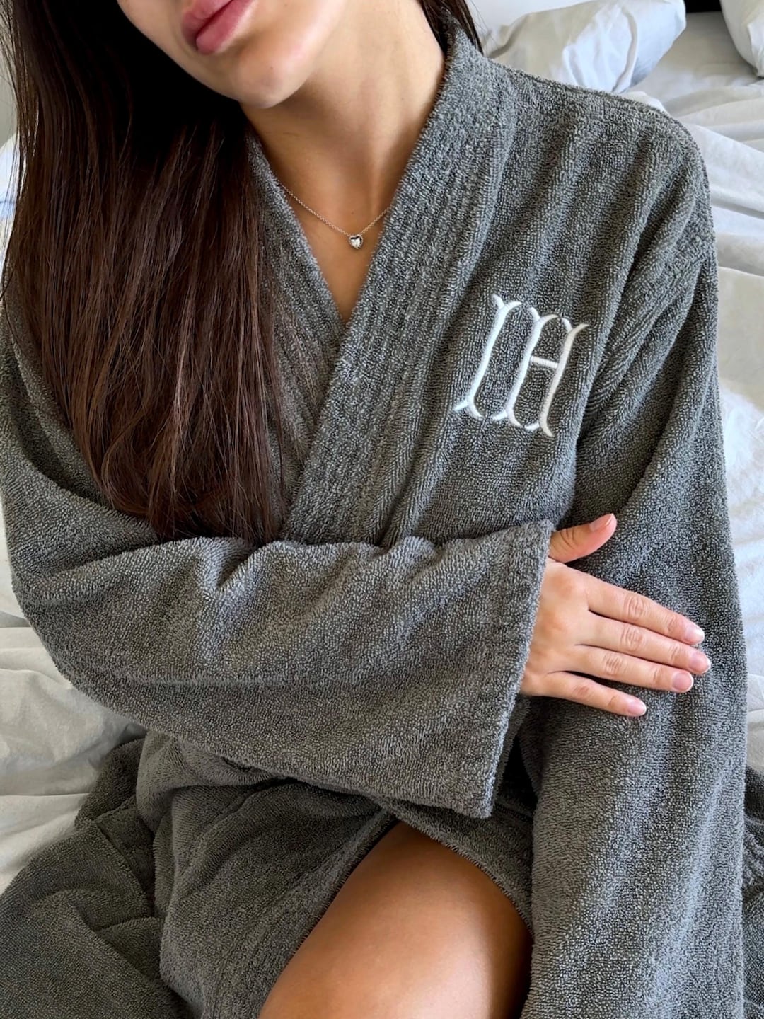 Personalized Gray Bathrobe, Custom Embroidered, Turkish, Cotton Terry Robe, Kimono Style - Gray - Small, Embroidered (Front)