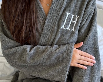 Personalized Gray Bathrobe, Custom Embroidered, Turkish, Cotton Terry Robe, Kimono Style
