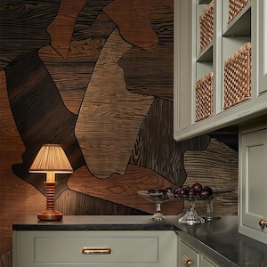 Faux Wood Wallpaper for Kitchen, Wood Veneer Walls Accent Mural, 70s Wood Grain Contact Paper