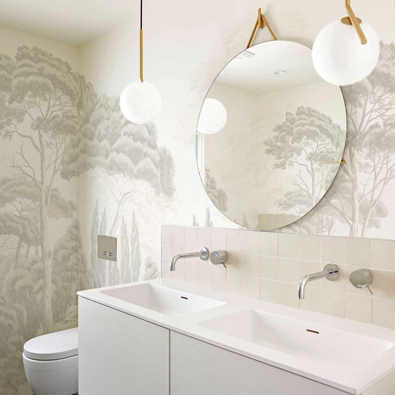 Image showcasing Luxury Bathroom Wallpaper Mural, Neutral Tree Landscape, Elegant Taupe ...