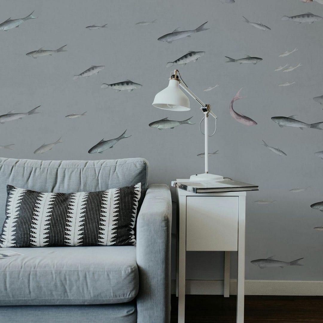 Fish Wallpaper Mural, Minimal Ocean Fish Pattern, Gray Blue Wall Decor ...