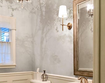 Bathroom Wallpaper, Beige Trees Mural for Small Powder Room