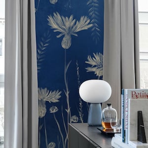 Botanical blue floral wallpaper, dark blue wildflower mural, vintage style wall art for bedroom, living Room, accent wall decor, 7-142