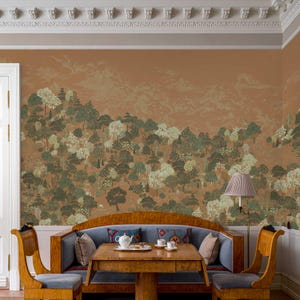Vintage scenic wallpaper with forest trees, landscape mural, deep warm brown elegant wallpaper for living room, custom size available