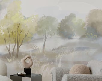 Mural de pared de paisaje en acuarela, decoración en tonos verde salvia neutros, autoadhesivo, diseño paisajístico suave para dormitorio.