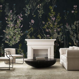 Dark Floral Wallpaper Mural – Moody Botanical Wall Art for Living Room, Bedroom or Accent Wall – Elegant Peel and Stick or Traditional
