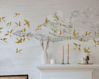 Luxus Tapetenrolle - Goldene Vögel Wolke Wandbild, elegante Schlafzimmer Wanddeko, Designer Wohnzimmer Wandbespannung, modernes elegantes Zuhause, 5-113