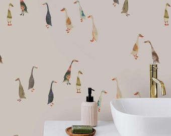 Playful Goose Wallpaper Roll, Whimsical Animal Pattern for Nursery & Bathroom, Peel and Stick