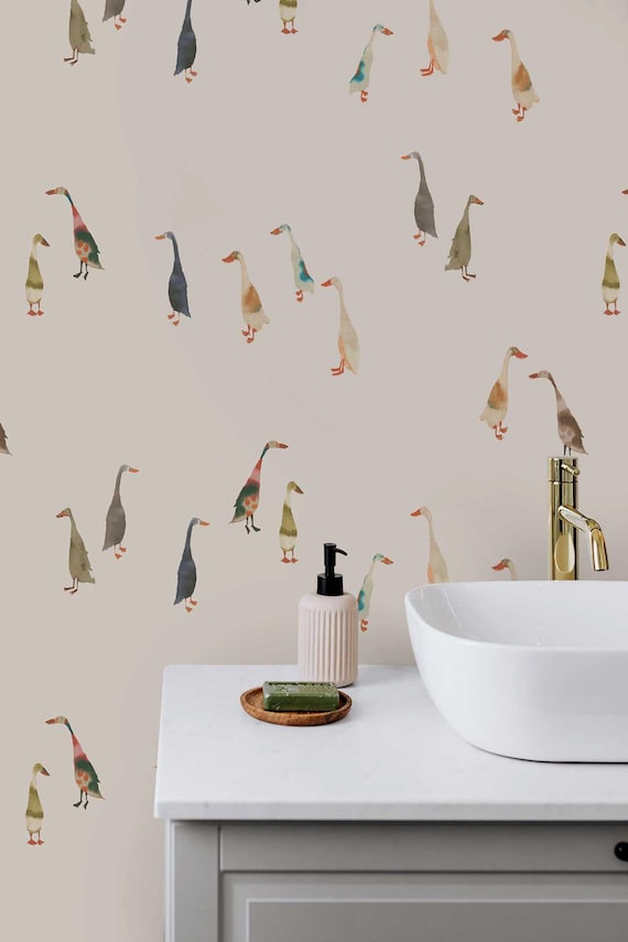 Playful Goose Wallpaper Roll, Whimsical Animal Pattern for Nursery & Bathroom, Peel and Stick