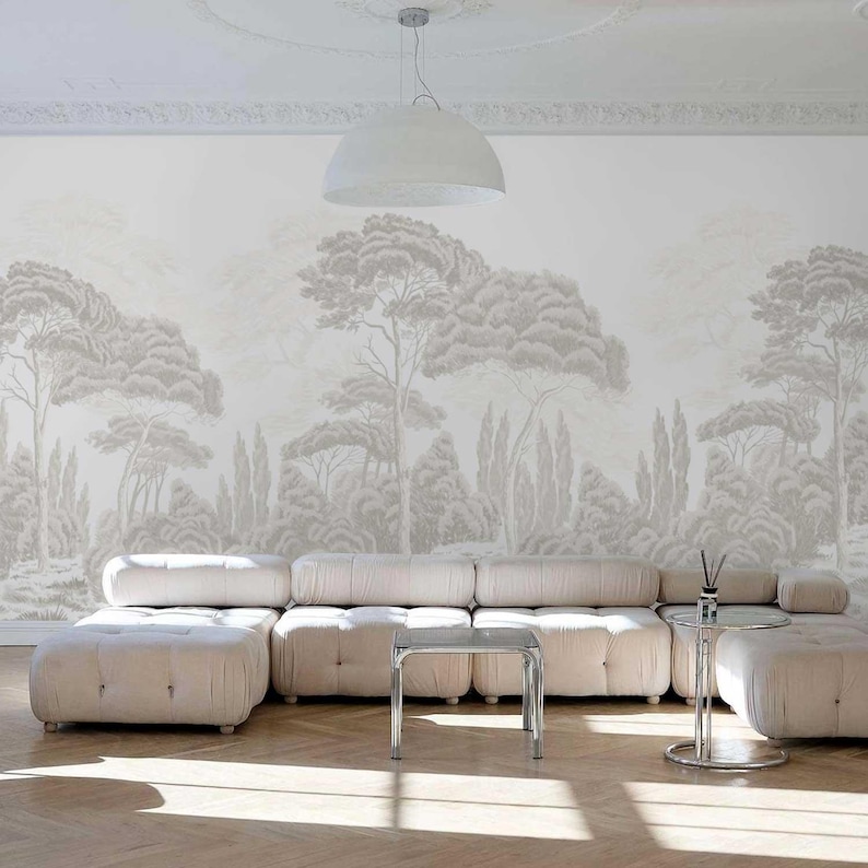 Picture of Luxury Bathroom Wallpaper Mural, Neutral Tree Landscape, Elegant Taupe ...
