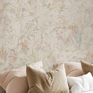 Beige Botanical Wallpaper, Rustic & Nature-Inspired Design, Watercolor wild floral wallpaper, Soft botanical floral wall mural