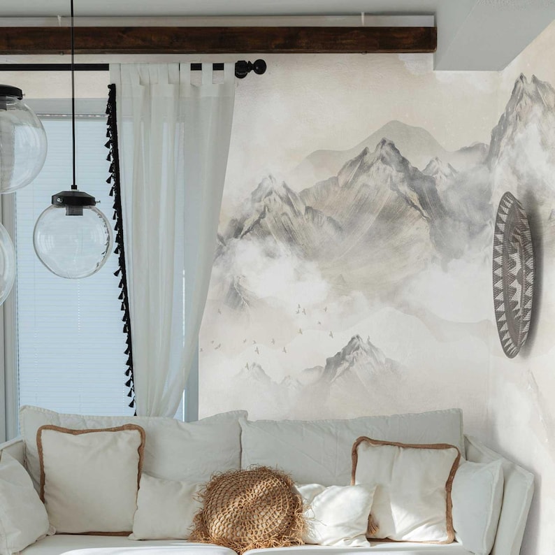 Mountain Mural Wallpaper – Neutral Toned Misty Mountains Wall Art ...