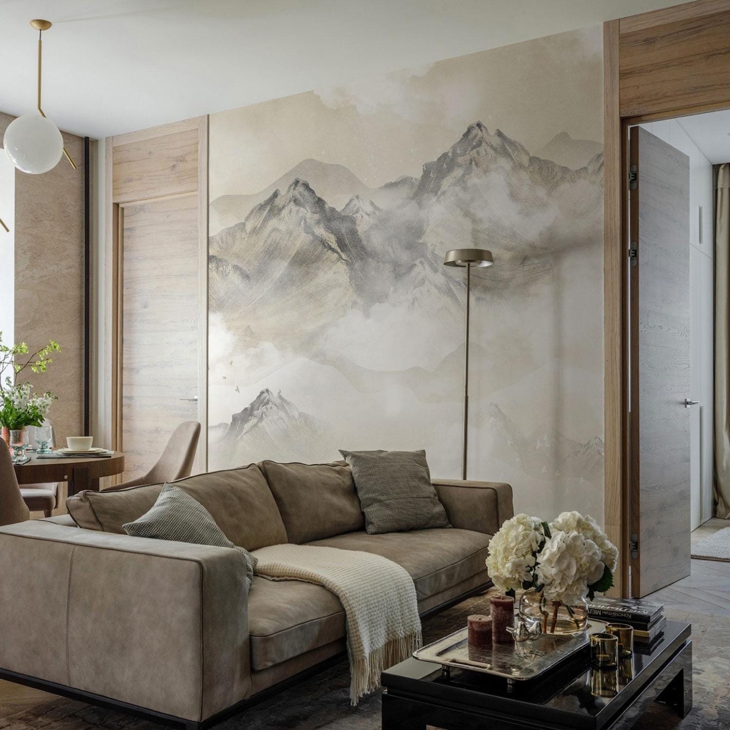 Mountain Mural Wallpaper – Neutral Toned Misty Mountains Wall Art ...